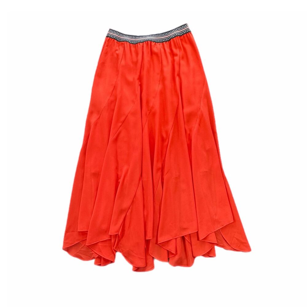 Vanessa Virginia Anthropologie Bright Red Flowy Asymmetrical Boho Midi Skirt